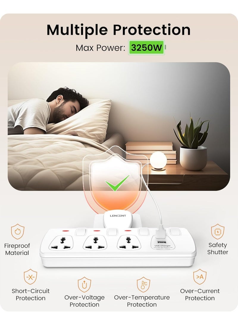LENCENT Multi Plug Extension Socket with USB, 3 Way Electrical Outlet Extender with 2 USB, Wall Charger, Universal Plug Adapter, Charging Station for Home,... - Image 3