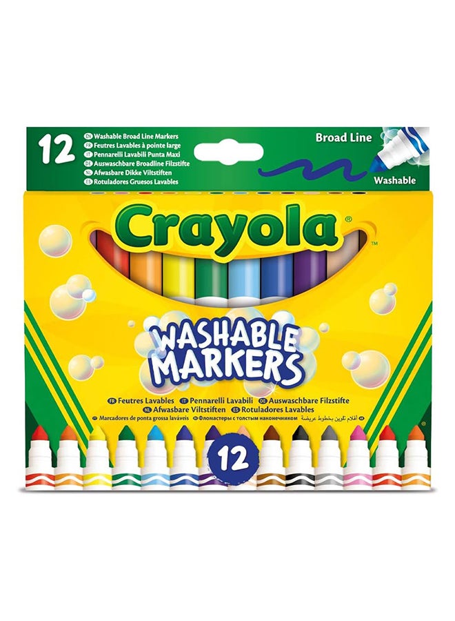 Crayola Washable Broad Line Markers – 12 Vibrant Colours | Durable Fibre-Tip Pens for Kids Drawing, Colouring & School Art Projects | Easy Washable Ink - Image 1