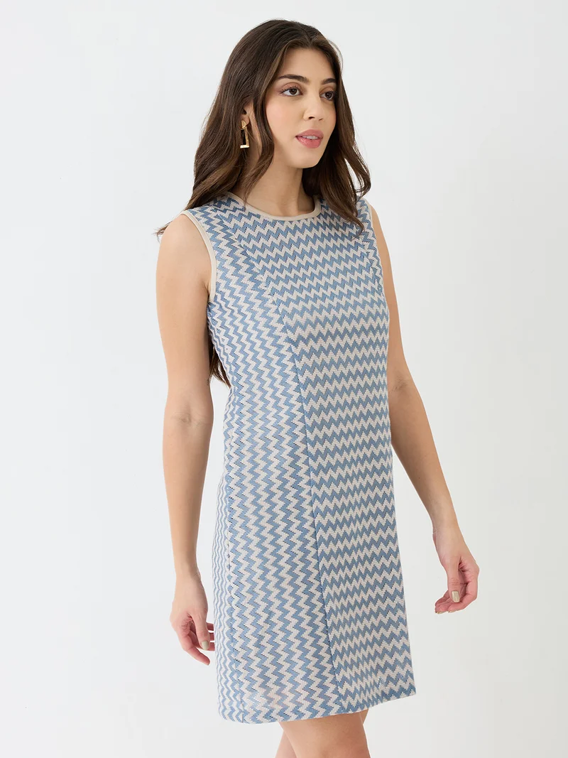 globus Women Blue Round Neck Straight Hem Mini Sheath Crochet Dress