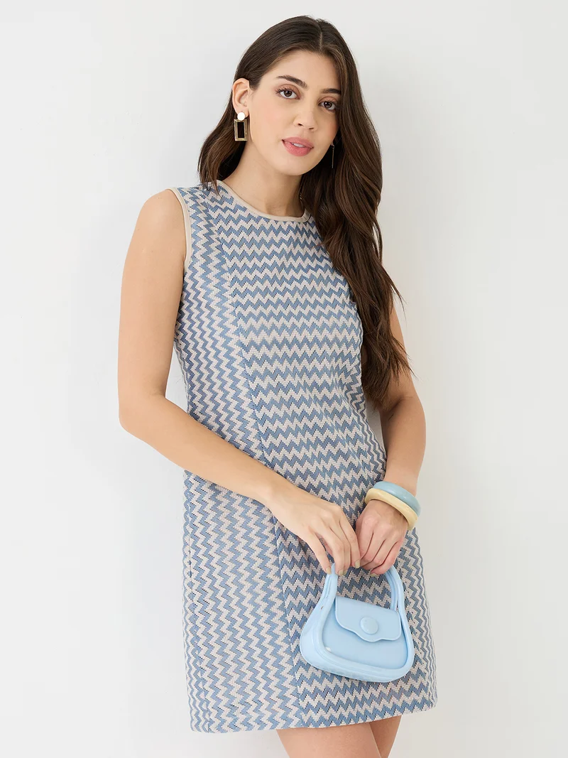 globus Women Blue Round Neck Straight Hem Mini Sheath Crochet Dress