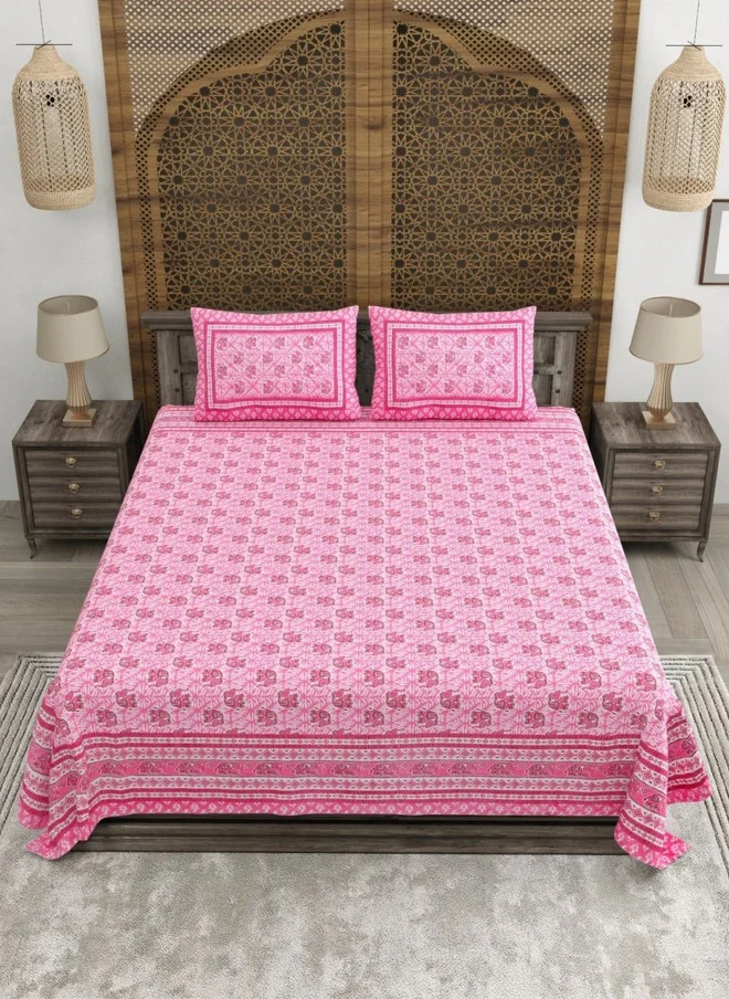 CLOTHOLOGY CLOTHOLOGY Pink & White Floral Printed Cotton King Bedsheet Set with 2 Pillow Covers