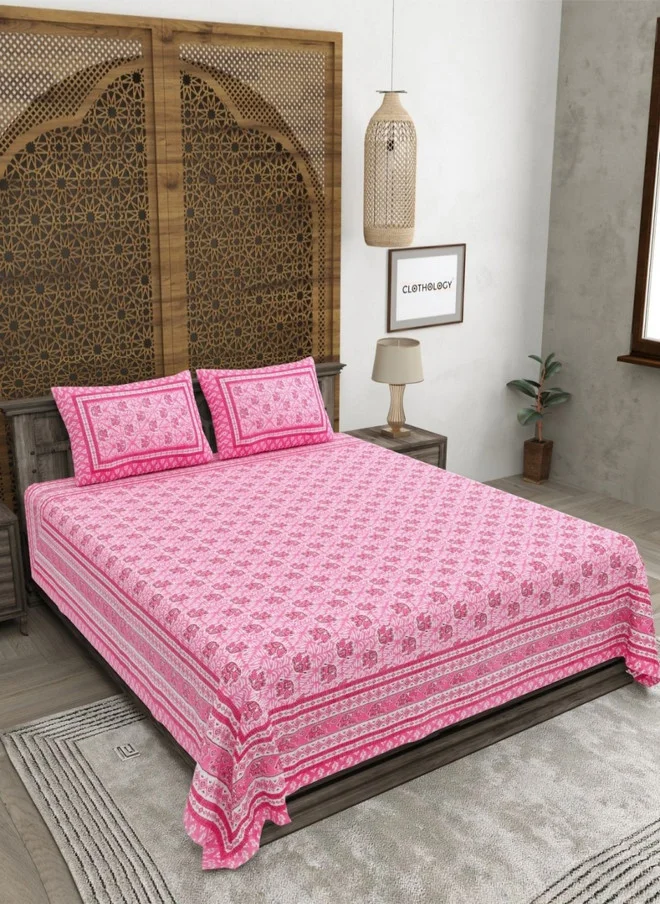 CLOTHOLOGY CLOTHOLOGY Pink & White Floral Printed Cotton King Bedsheet Set with 2 Pillow Covers