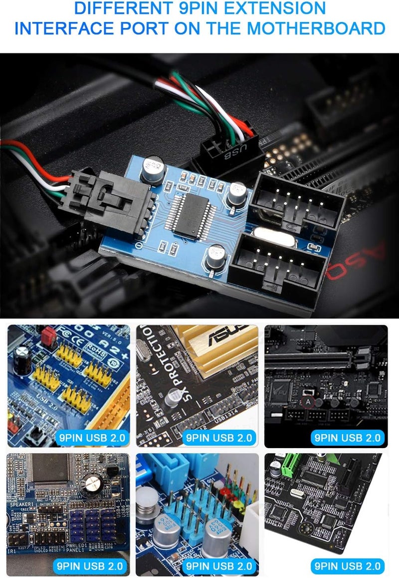 Rocketek Motherboard USB 2.0 9-Pin Header to 2-Port Hub Splitter - 30CM Cable USB 9-Pin Internal Cable Adapter - Image 2