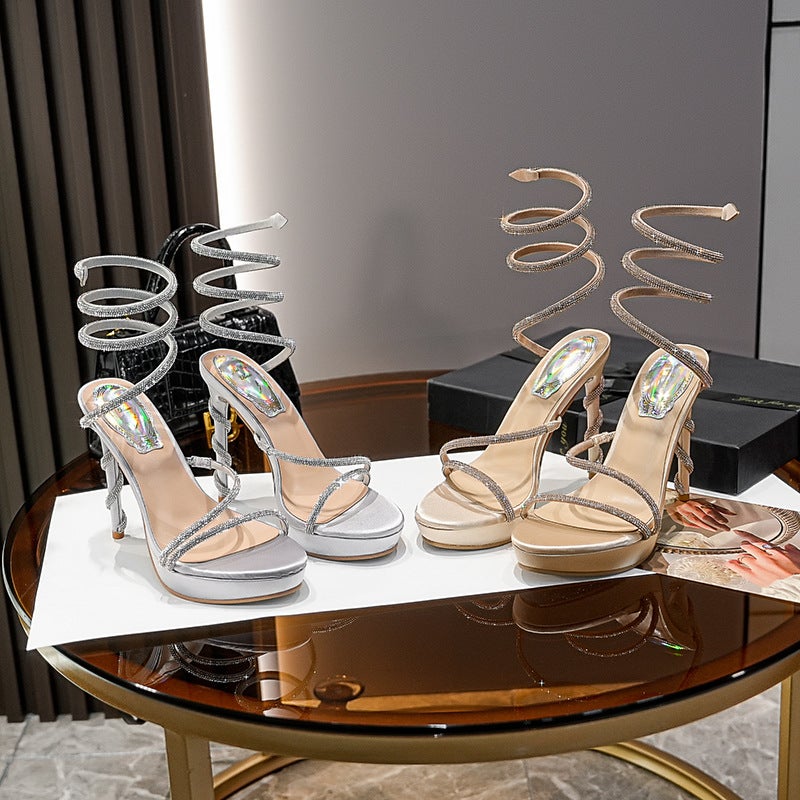 Wu Xuanyi Same Style Rc Rhinestone Sandals With Snake-Shaped Wrap Open Toe Stiletto Heel Platform High-Heeled Shoes - Image 3