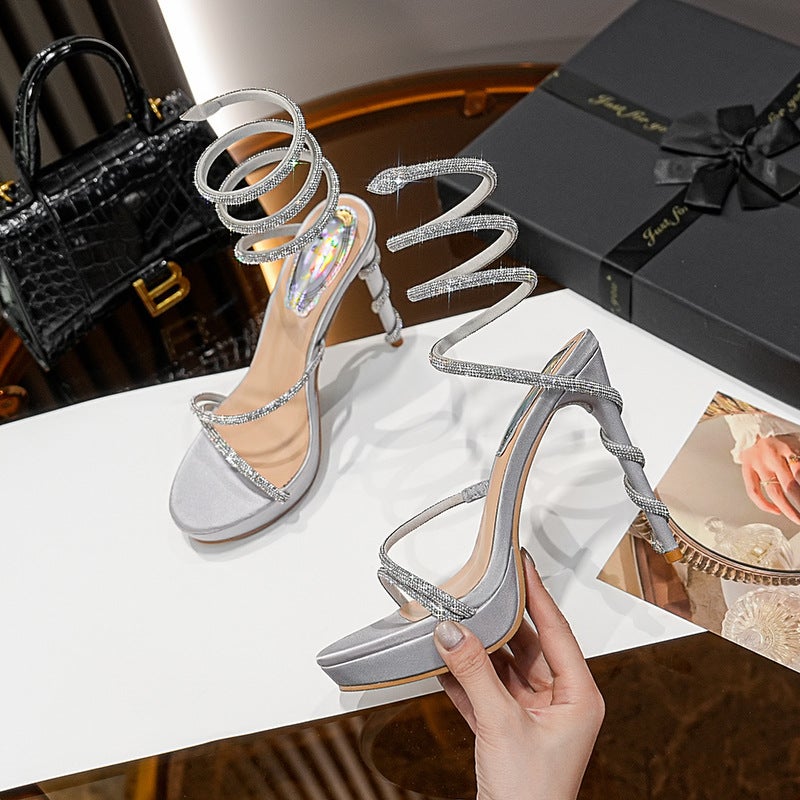 Wu Xuanyi Same Style Rc Rhinestone Sandals With Snake-Shaped Wrap Open Toe Stiletto Heel Platform High-Heeled Shoes - Image 5