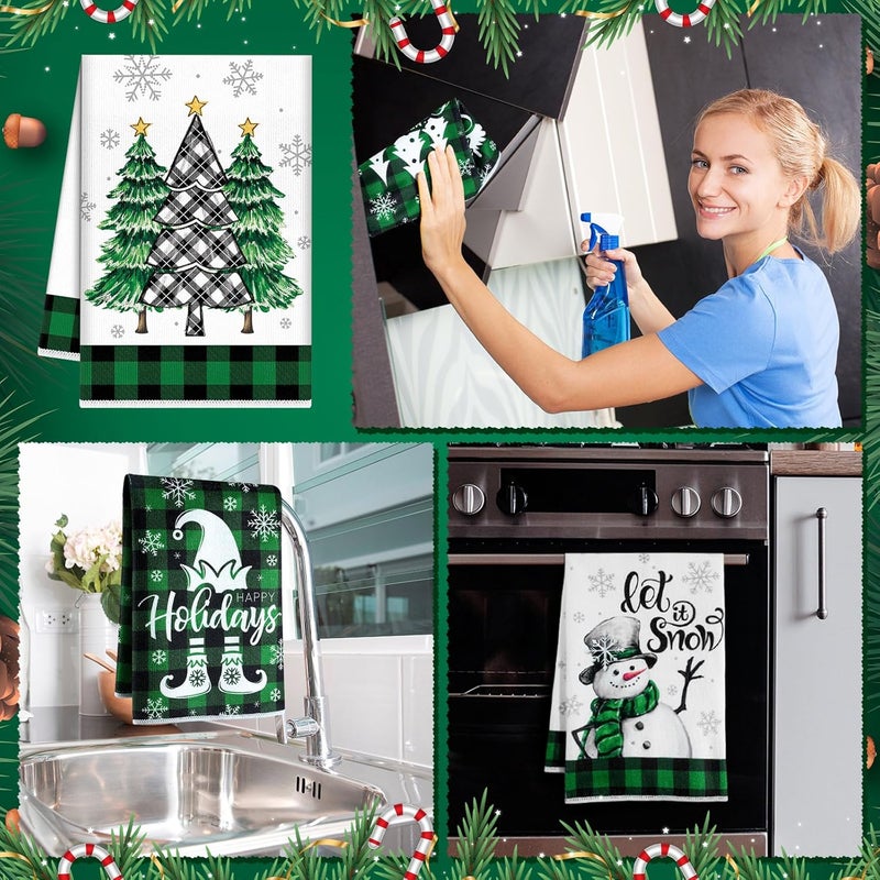 FuWeave 6 Pcs Winter Kitchen Towels Green Black Buffalo Plaid Snowman Dish Towel 21 x 14 Inch Decorative Bathroom Hand Towel Absorbent Holiday Tea Towel Christmas Decor for Kitchen Farmhouse Gift - Image 5