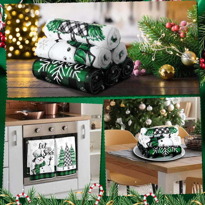 FuWeave 6 Pcs Winter Kitchen Towels Green Black Buffalo Plaid Snowman Dish Towel 21 x 14 Inch Decorative Bathroom Hand Towel Absorbent Holiday Tea Towel Christmas Decor for Kitchen Farmhouse Gift - Image 2