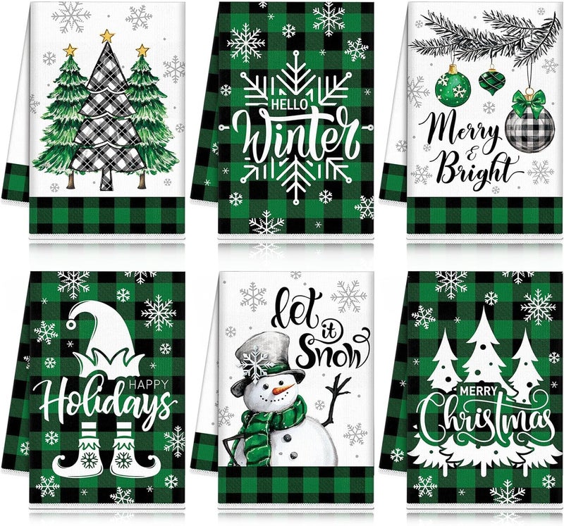 FuWeave 6 Pcs Winter Kitchen Towels Green Black Buffalo Plaid Snowman Dish Towel 21 x 14 Inch Decorative Bathroom Hand Towel Absorbent Holiday Tea Towel Christmas Decor for Kitchen Farmhouse Gift - Image 1