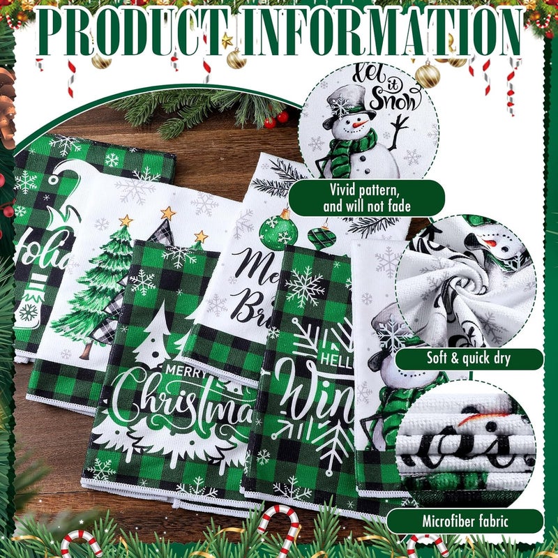 FuWeave 6 Pcs Winter Kitchen Towels Green Black Buffalo Plaid Snowman Dish Towel 21 x 14 Inch Decorative Bathroom Hand Towel Absorbent Holiday Tea Towel Christmas Decor for Kitchen Farmhouse Gift - Image 4