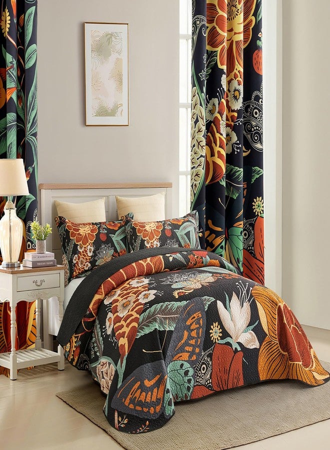 Tyrot 3 Piece Black Boho Floral Full/Queen Quilt Sets Reversible Farmhouse Botanical Lightweight Bedspread Coverlet with 2 Shams Butterfly Microfiber Bedding Quilts Set for All Season, 90''x96'' - Image 2