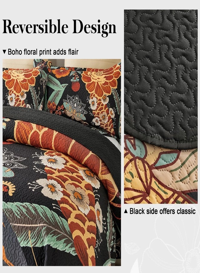 Tyrot 3 Piece Black Boho Floral Full/Queen Quilt Sets Reversible Farmhouse Botanical Lightweight Bedspread Coverlet with 2 Shams Butterfly Microfiber Bedding Quilts Set for All Season, 90''x96'' - Image 3