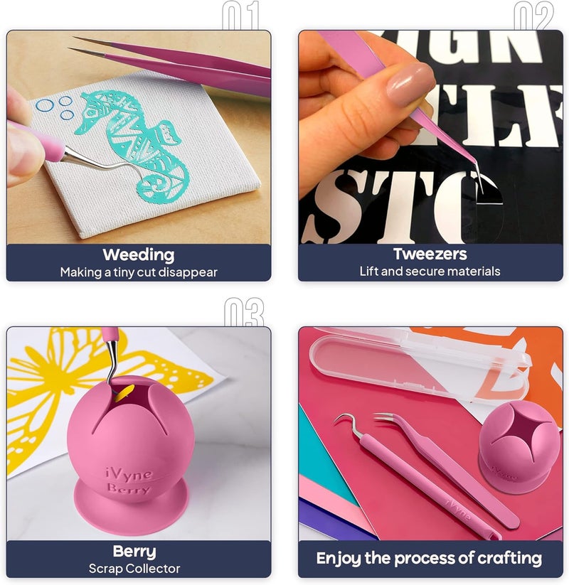 iVyne Berry and Silicone Weeding Tools - Suction Vinyl Weeder, Craft Tweezer, Scrap Collector Holder - Cricut & Silhouette Accessories - Pink - Image 4