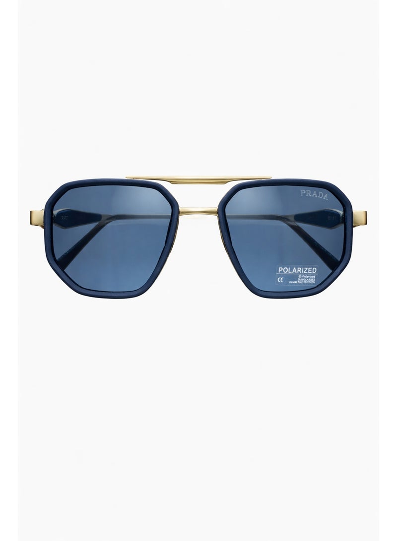 برادا نظارة شمسية برادا رجالية بعدسات زرقاء مستقطبة وإطار معدني ذهبي بتصميم مربع مع حماية UV400 - Image 1