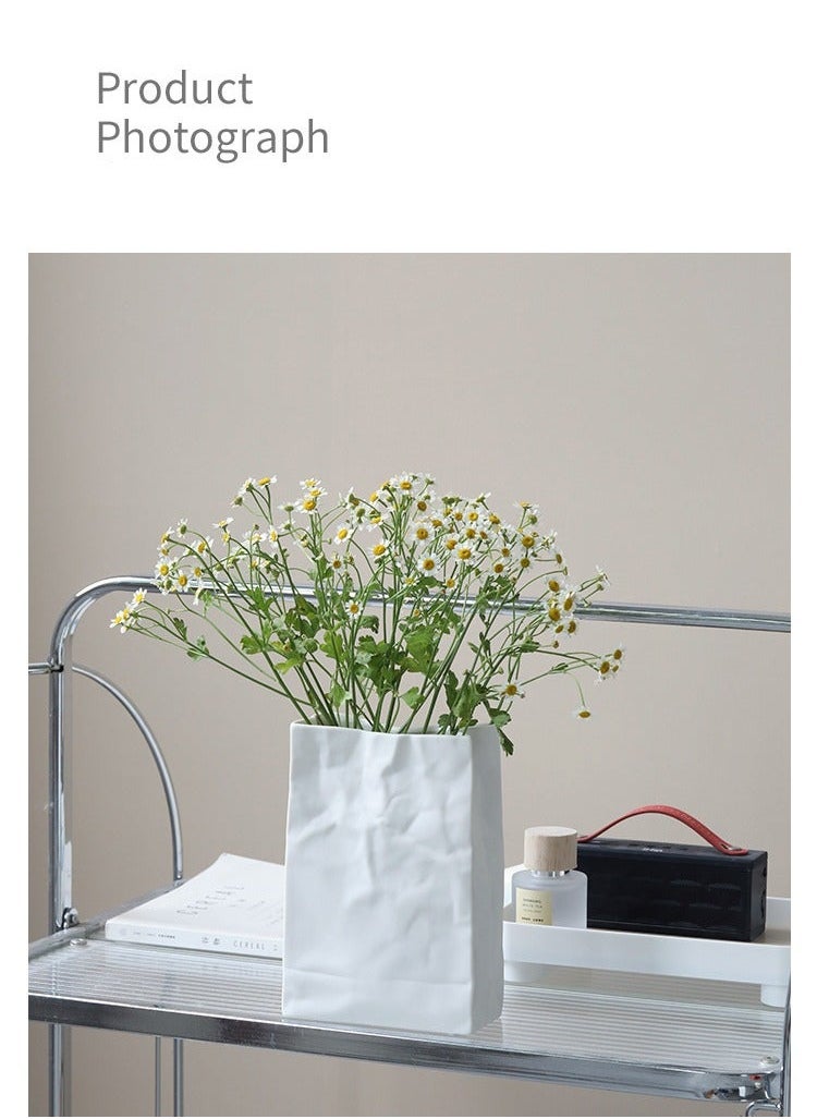 Captaintech Crinkle Paper Bag Shape Ceramic Vase, Large Capacity for Flower Arrangement, Bookshelf Decorative  - Image 3