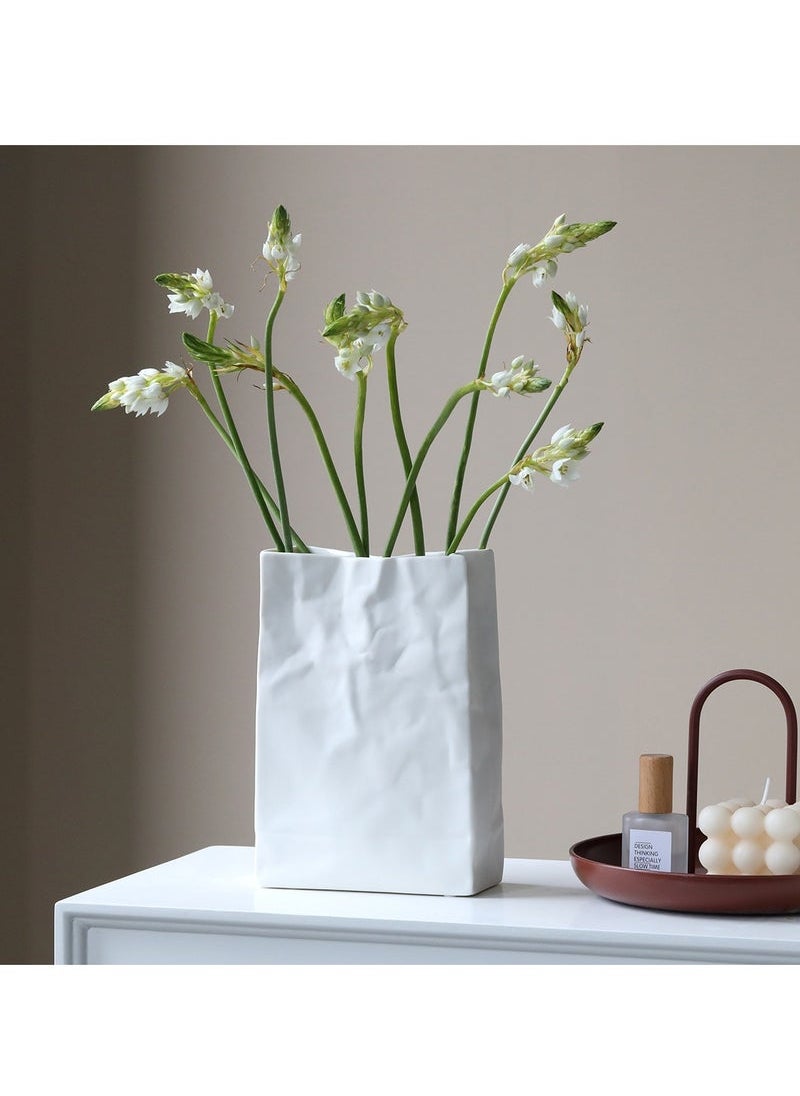 Captaintech Crinkle Paper Bag Shape Ceramic Vase, Large Capacity for Flower Arrangement, Bookshelf Decorative  - Image 5