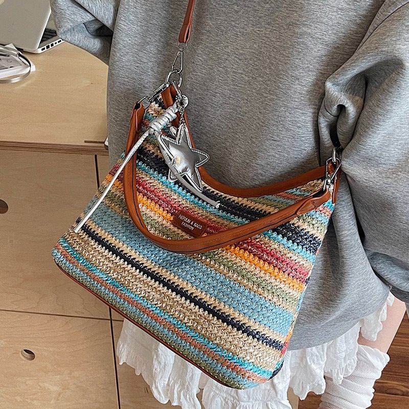 Rainbow Striped Straw Woven Shoulder Bag for Women - Image 3
