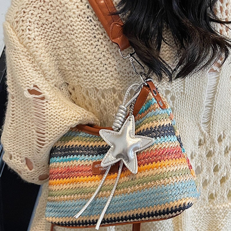 Rainbow Striped Straw Woven Shoulder Bag for Women - Image 4