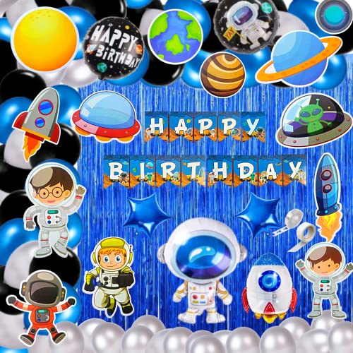 FI - FLICK IN 88 pcs Space Theme Birthday Decoration Kit Curtain Planet Astronaut Foil Balloon Garland Rocket Cutouts Cake Topper Props Happy Birthday Space Theme Set (Pack of 88, Multicolor) - Image 1