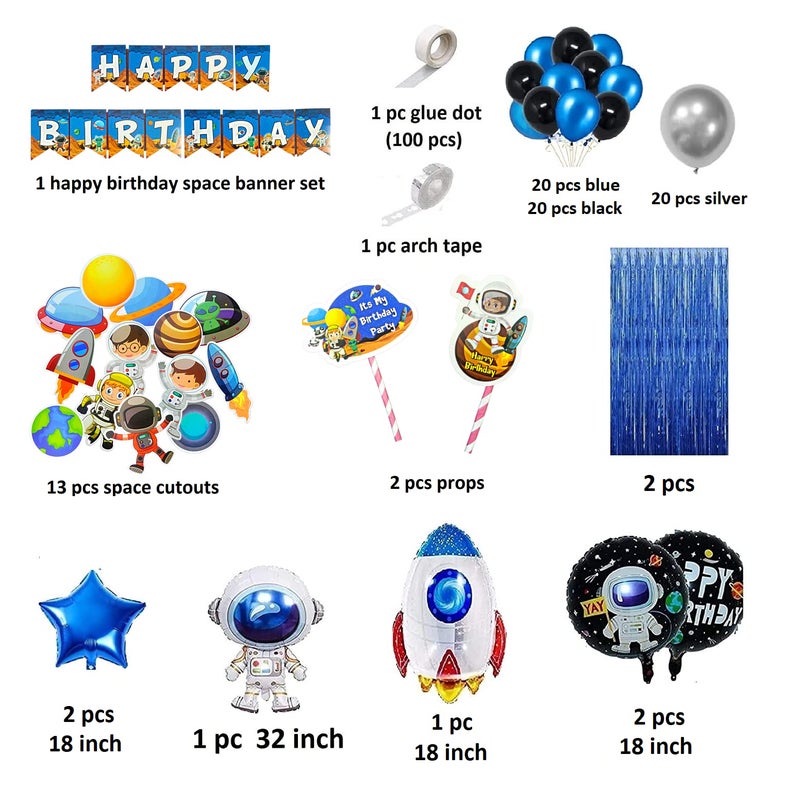 FI - FLICK IN 88 pcs Space Theme Birthday Decoration Kit Curtain Planet Astronaut Foil Balloon Garland Rocket Cutouts Cake Topper Props Happy Birthday Space Theme Set (Pack of 88, Multicolor) - Image 2