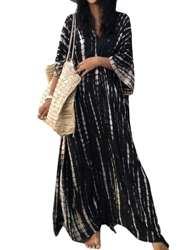 Moss Rose Women Summer Caftan Coverups Dress Kimono Beach Vacation Wear V Neck Print Maxi Boho Dress A Black - Image 1