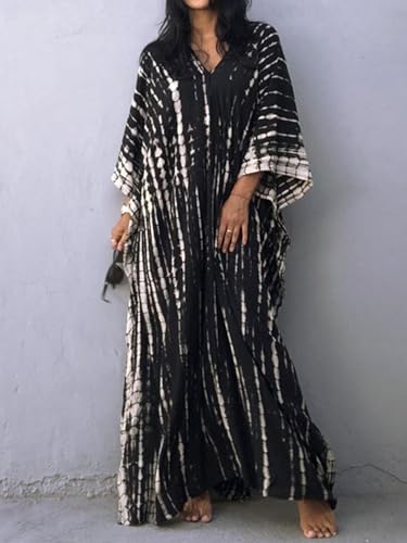 Moss Rose Women Summer Caftan Coverups Dress Kimono Beach Vacation Wear V Neck Print Maxi Boho Dress A Black - Image 3