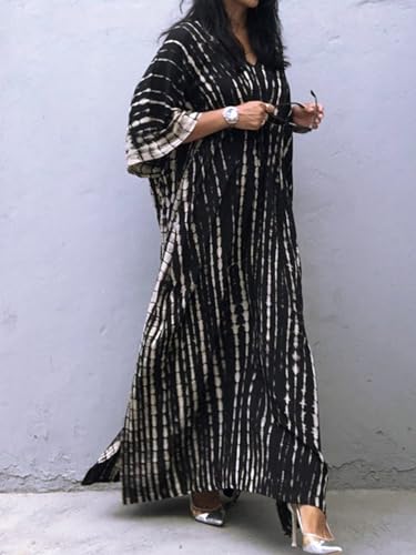 Moss Rose Women Summer Caftan Coverups Dress Kimono Beach Vacation Wear V Neck Print Maxi Boho Dress A Black - Image 4
