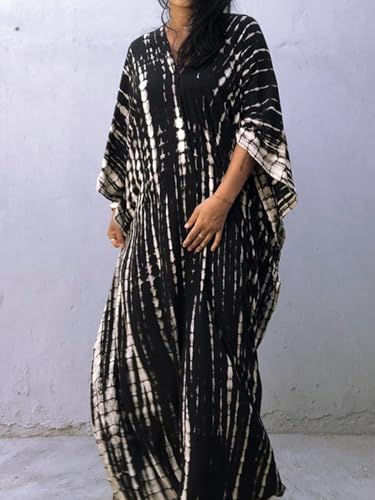 Moss Rose Women Summer Caftan Coverups Dress Kimono Beach Vacation Wear V Neck Print Maxi Boho Dress A Black - Image 5