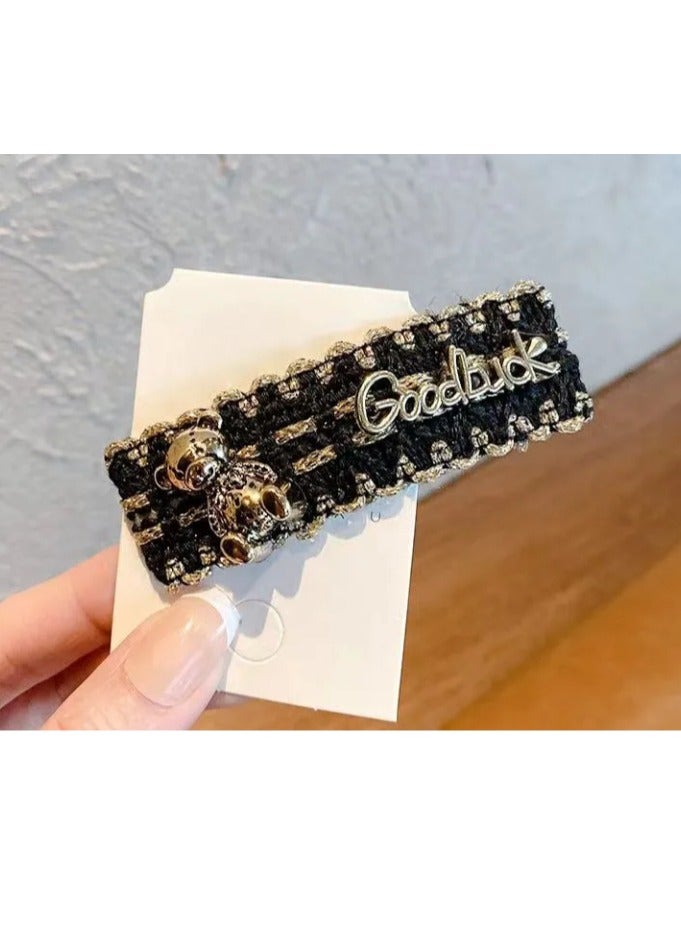 Fabric one-line fragrant style retro Hong Kong style top simple hairpin bangs clip one-line bear back head hairpin - Image 2