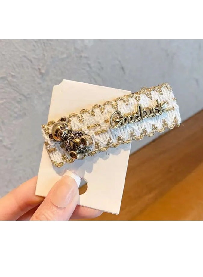 Fabric one-line fragrant style retro Hong Kong style top simple hairpin bangs clip one-line bear back head hairpin - Image 3