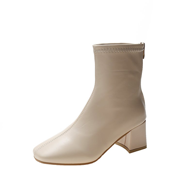 Autumn New Square Toe Short Boots Women's Fashion British Style Thick Heel High Heel Chanel Style Slip-on Short Boots - Image 1
