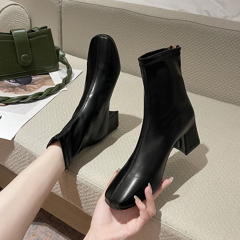 Autumn New Square Toe Short Boots Women's Fashion British Style Thick Heel High Heel Chanel Style Slip-on Short Boots - Image 3