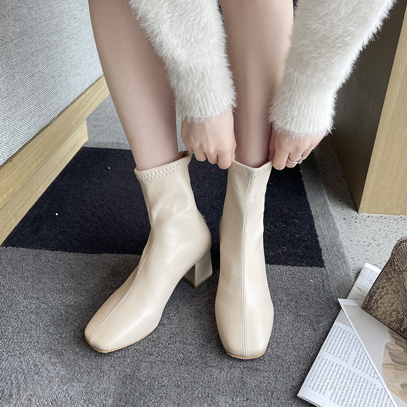 Autumn New Square Toe Short Boots Women's Fashion British Style Thick Heel High Heel Chanel Style Slip-on Short Boots - Image 5