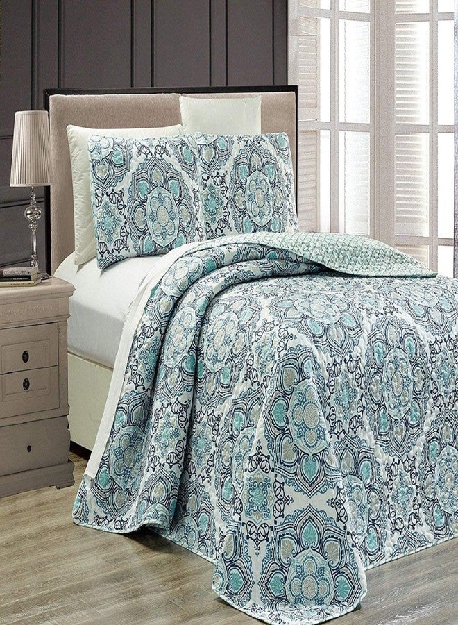 Linen Plus Full/Queen 3pc Reversible Oversized Bedspread Set Medallion Print Navy Blue White Teal Aqua Taupe New