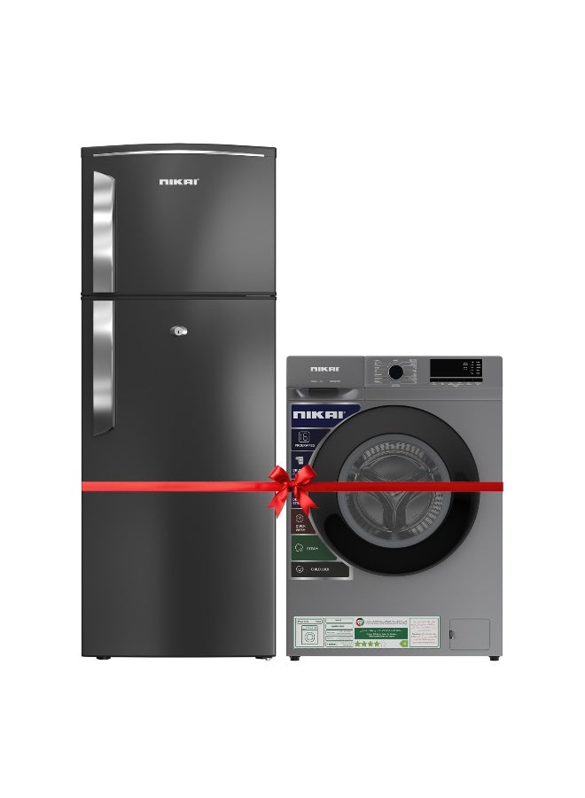 NIKAI حزمة نيكاي - غسالة تحميل أمامي 7 كجم 16 برنامج، غسيل بالبخار، 1000 دورة في الدقيقة، توفير طاقة 4 نجوم، غسالة أوتوماتيكية بالكامل، NWM701FN9S فضي و 280 لتر إجمالي / 225 صافي، ثلاجة مزدوجة الباب مثبتة من الأعلى، 2 رف زجاجي ورفوف تخزين زجاجات، توفير طاقة غاز R600A، خالية من CFC، تشغيل صامت الأفضل للمنزل، المكتب - NRF280DN5S1 رمادي داكن - Image 1