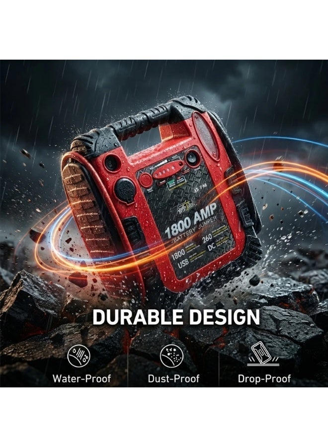 Car Battery Jump Starter 1800 AMP 12V – High Power Emergency Jumper with Air Compressor, USB & DC Output, Portable Booster for Cars, SUV, Truck - Image 2