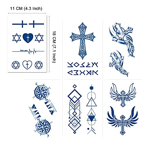 PADOUN 6 Sheets PADOUN Long Lasting Waterproof Temporary Tattoos Cross, 100% Plant-Based Ink Temporary Tattoo Sticker Map Compass Tatoo Arm Fake Waist Back Tatto Women Men - Image 2