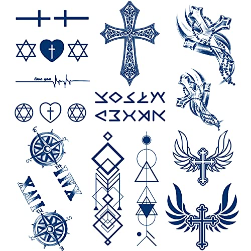 PADOUN 6 Sheets PADOUN Long Lasting Waterproof Temporary Tattoos Cross, 100% Plant-Based Ink Temporary Tattoo Sticker Map Compass Tatoo Arm Fake Waist Back Tatto Women Men - Image 1