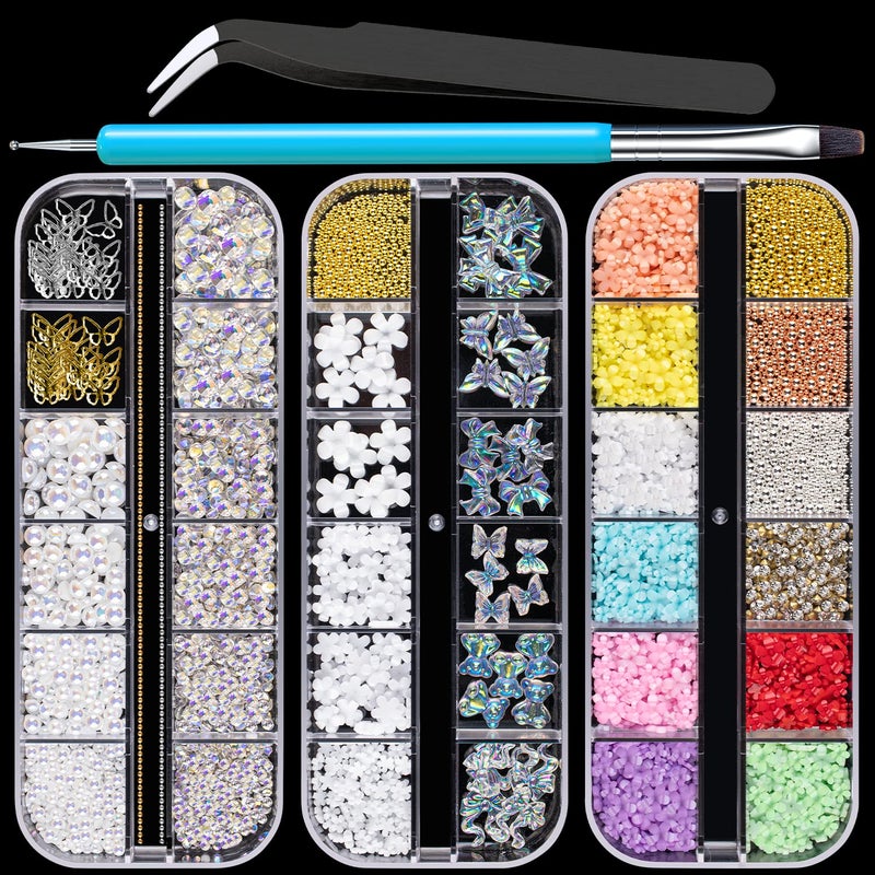 Mixed 3D Nail Art Gem Decoration Accessories Kit 2 Aurora Bear Bow Butterfly Starry AB Rhinestone Charm Jewelry for Deco Pearl Flower Caviar Bead Stone Crystal with DualEnd Brush and Tweezer