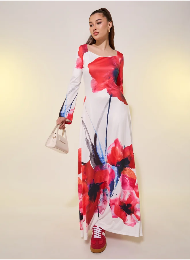 ستايلي Floral Print Long Sleeves A-Line Maxi Dress