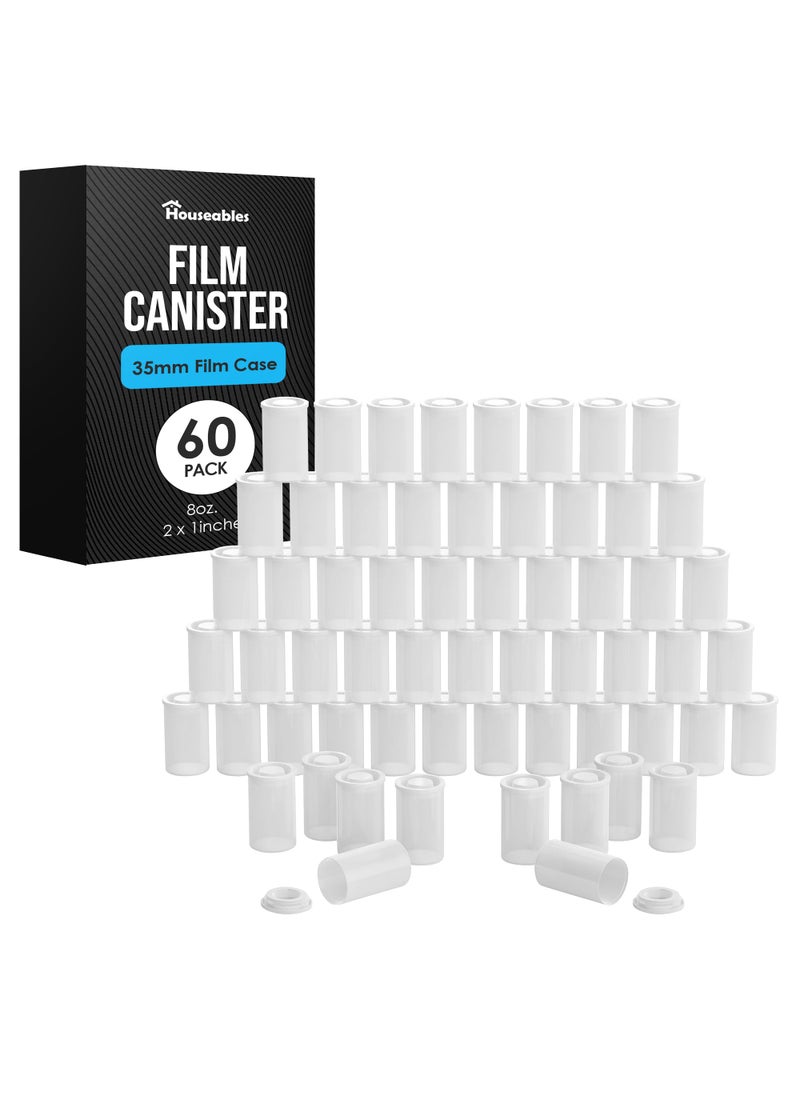 Houseables Film Canisters With Caps Film Canisters 35mm Case Container With Lids Cannisters For Rockets Empty Camera Reel Holder Coin Storage White Plastic 8oz 2 H x 1 W 60 Pack Bulk 