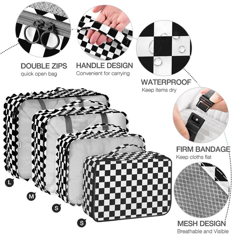 Hatisan 8 Set Packing Cubes for Suitcases,Packing Cube with Shoe, Cosmetics, Clothing, and Accessories Bags Packing Cubes for Travel Luggage Organizer Women Men(Black White Checkered) - Image 3