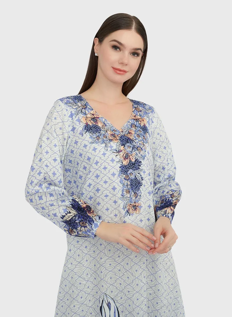 KASHKHA Blue Digital Abstract Print Jalabiya with Stonework (VDC03)