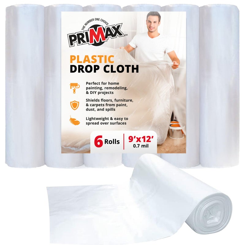 Primax Clear Plastic Drop Cloth 9X12 Ft (6 Pack) - Waterproof Painters Plastic Sheeting For Painting, Furniture Covers & Dust Protection - Easy Cleanup, Mess-Free Solution For Painting Or Renovations - Image 1