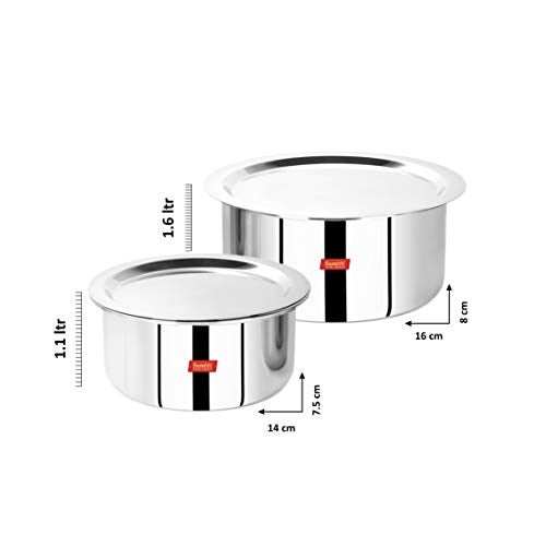 Sumeet Cook Smart Stainless Steel TriPly Steel-Aluminium-Steel - 3 Layers Tope Set of 2Pcs with Lid - No. 14 (1.1 Liter, 14Cm), No. 16 (1.6 Liter, 16Cm) - Image 4