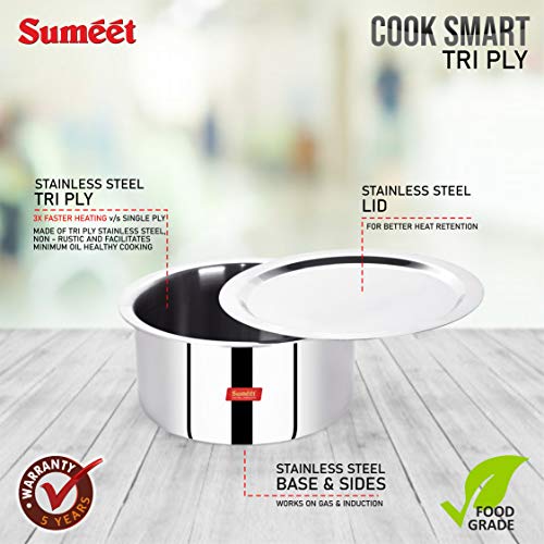 Sumeet Cook Smart Stainless Steel TriPly Steel-Aluminium-Steel - 3 Layers Tope Set of 2Pcs with Lid - No. 14 (1.1 Liter, 14Cm), No. 16 (1.6 Liter, 16Cm) - Image 2