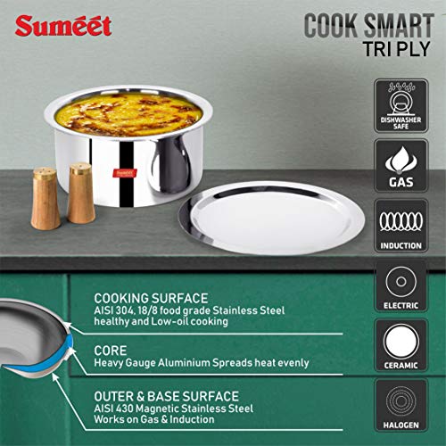 Sumeet Cook Smart Stainless Steel TriPly Steel-Aluminium-Steel - 3 Layers Tope Set of 2Pcs with Lid - No. 14 (1.1 Liter, 14Cm), No. 16 (1.6 Liter, 16Cm) - Image 3