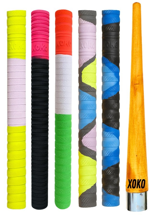 XOKO Premium Cricket Bat Handle Grips Set, Dynamic Texture, 5 Multi-Color Rubber Grips with Wooden Gripper Cone, Enhanced Performance and Shock Absorption, 6 Pack - Image 1