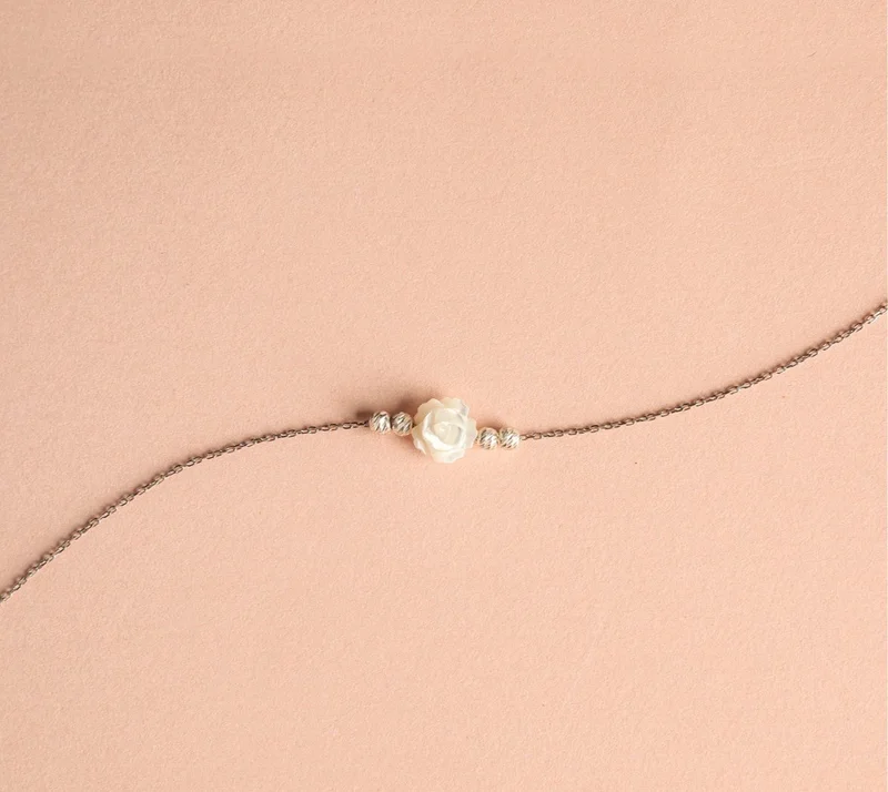 Minza  Minza “Rosa” Women’s Necklace, 925 Sterling Silver & Shell Rose Pendant Necklace, Minimalist Silver Necklace for Women, Handmade Jewelry for Casual & Special Occasion. for Women | Best Price UAE