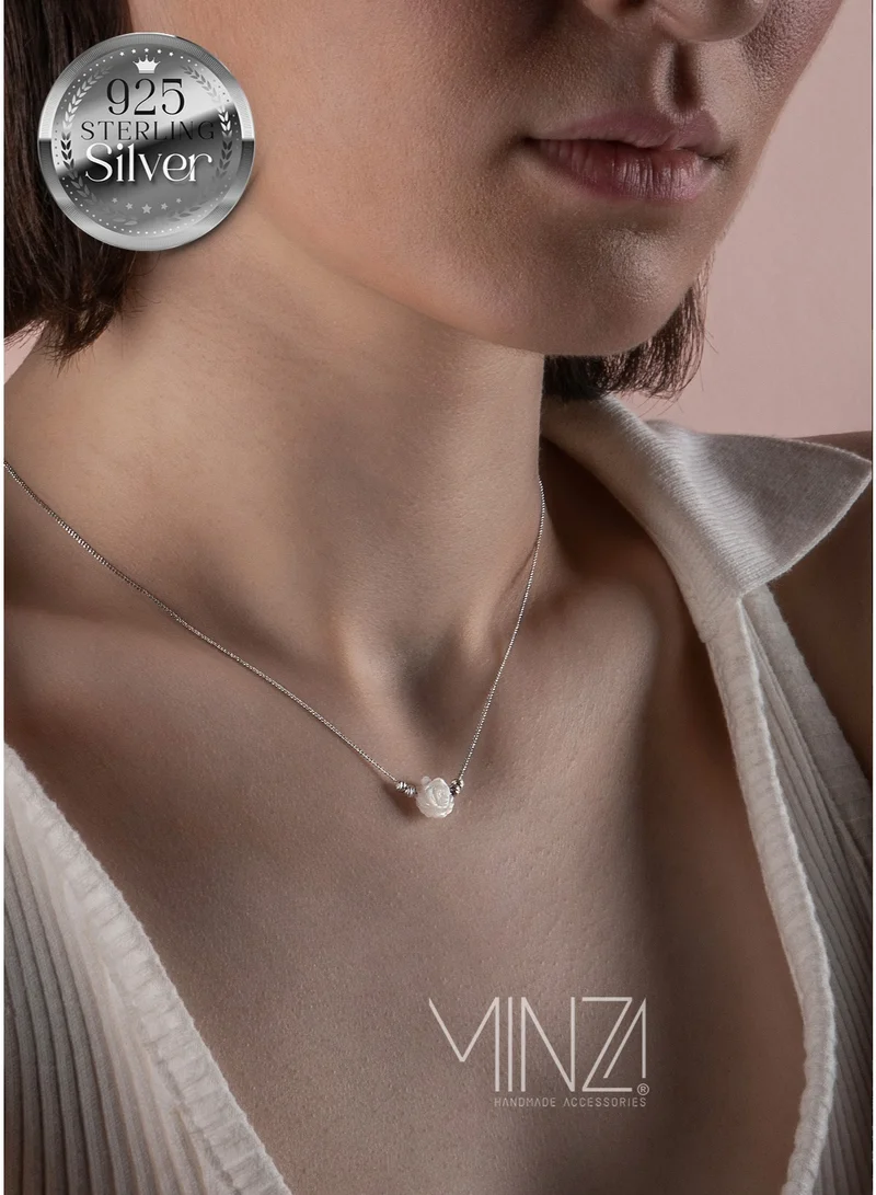 Minza “Rosa” Women’s Necklace, 925 Sterling Silver & Shell Rose Pendant Necklace, Minimalist Silver Necklace for Women, Handmade Jewelry for Casual & Special Occasion.