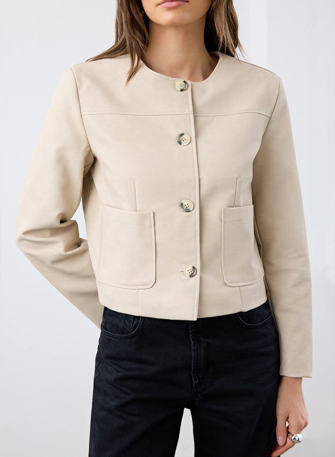 trendyol Stone Button Faux Leather Washed Jacket - Image 3
